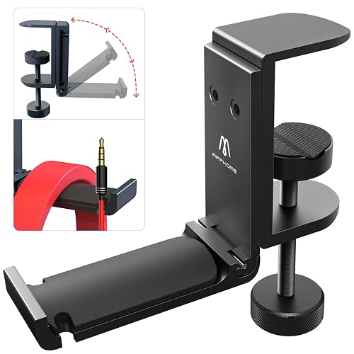 APPHOME Foldable Headphone Stand Under Desk, Metal Headset Holder Hook for Desk with Cable Organizer, Space-Saving Desk Bag Hook & Backpack Hanger
