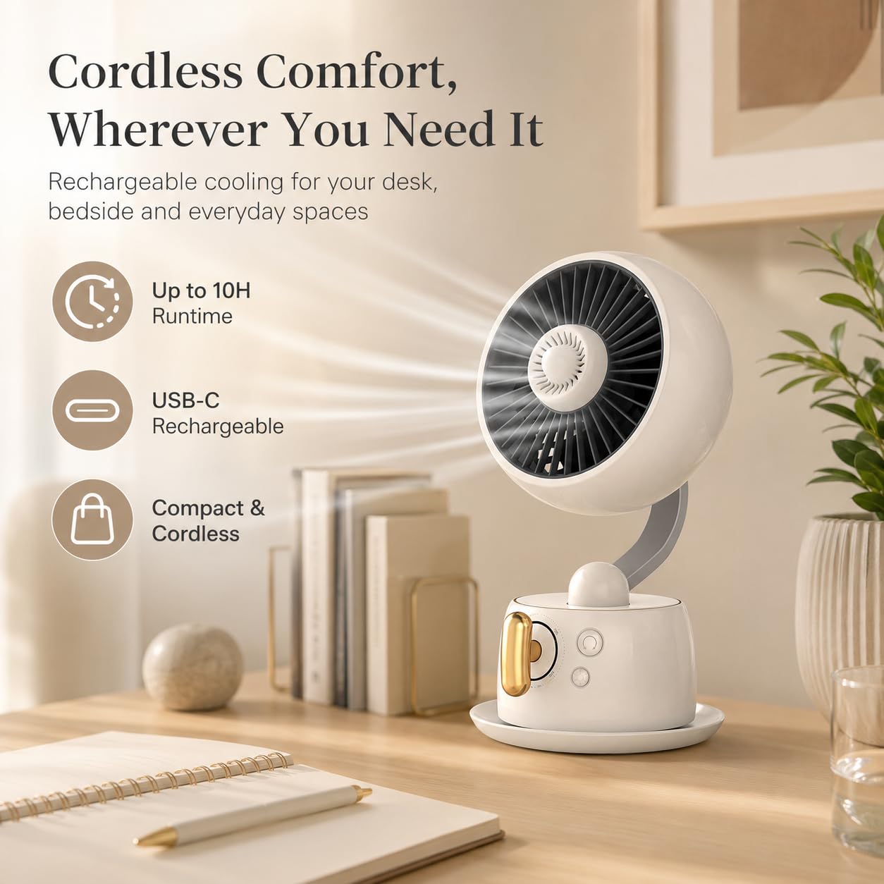 Dametol Cordless Desk Fan with 120° Oscillation, Quiet Rechargeable Table Fan with Stepless Speed Control, Magnetic Aromatherapy, Night Light & USB-C