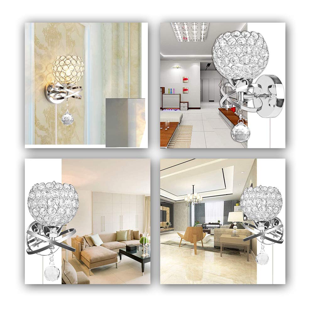 Ygapuzi Modern Crystal Wall Light Flush Mount Wall Sconces Lamps Chrome Finish Bedside Lighting Fixture with E27 Socket, for Living Room Bathroom