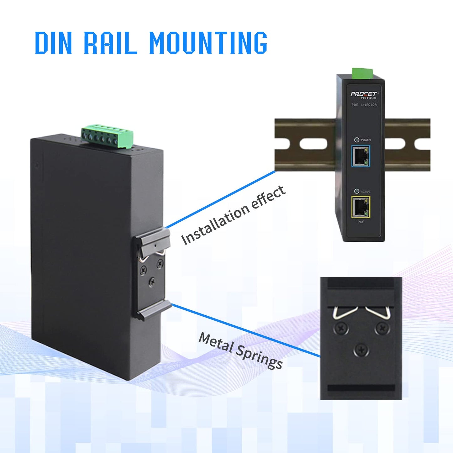 PROCET PoE++ 95W PoE Injector DIN Rail PoE Power Injector with 6KV Surge Protection, IEEE 802.3 af/at, Wide Working Temperature -40? to 149?