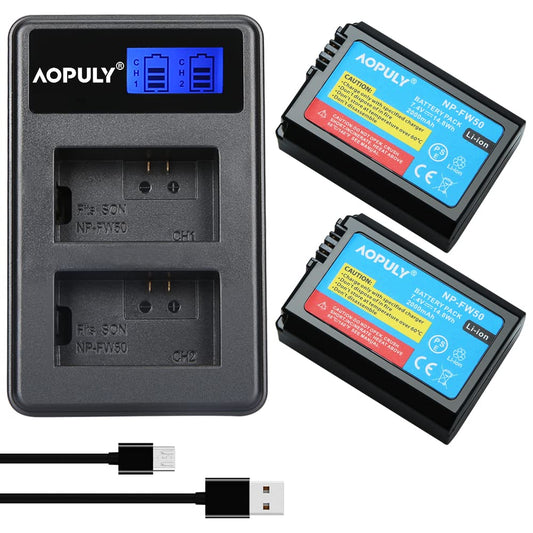 AOPULY 2-Pack Replacement NP-FW50 Battery & Smart LCD Display Dual Charger Compatible for Sony Alpha a6500, a6300, a6000, a7s, a7, a7s ii, a7s, a5100