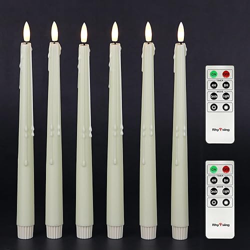 Rhytsing Natural White Flameless Taper Candles with Timer Function, Battery Operated Dinner Long Candlestick Wax Drip Design, Warm White LED, 2