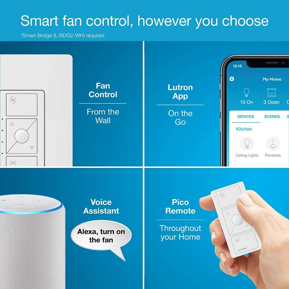 Lutron Caseta Smart Fan Control (Smart Hub Required) 4-Speed for Paddle Fan