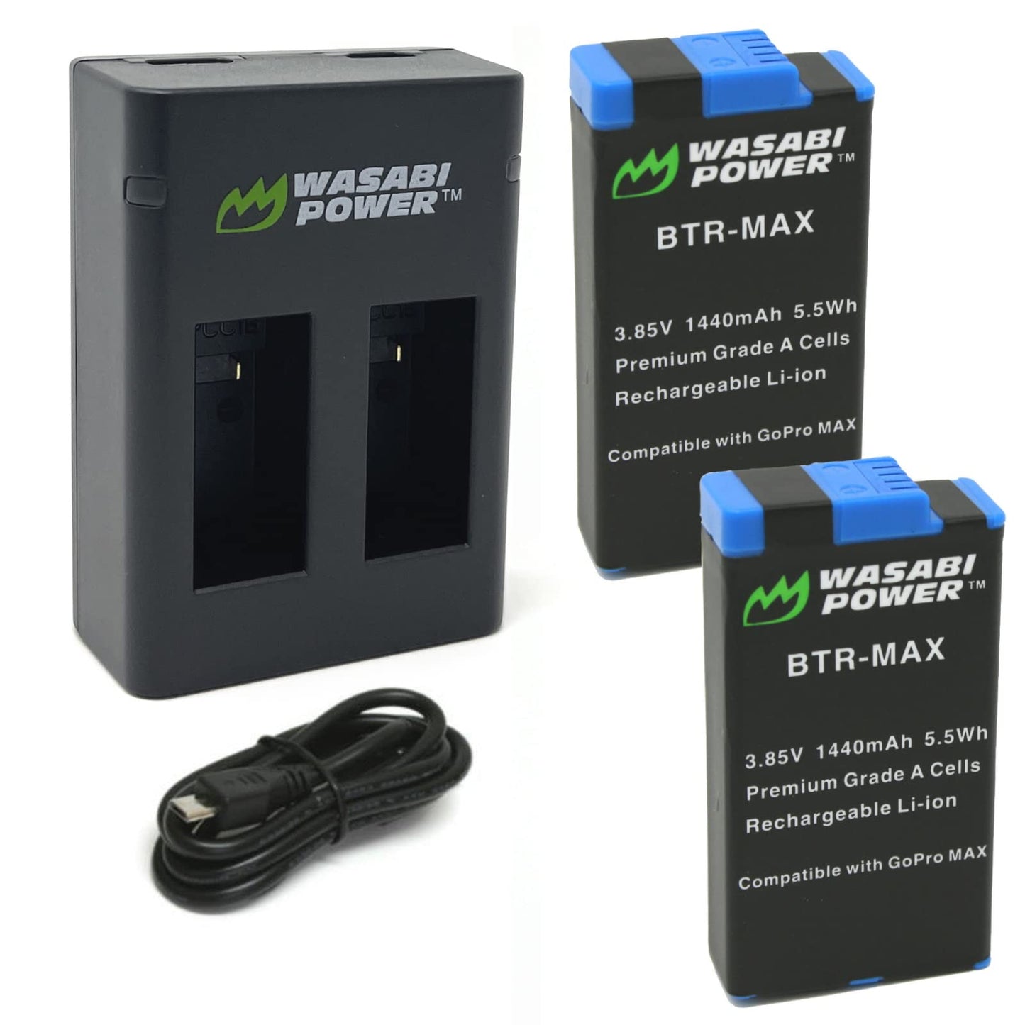 Wasabi Power Replacement for GoPro MAX Battery (2-Pack) and USB Charger Compatible with GoPro ACDBD-001, ACBAT-001 (Fully Compatible)