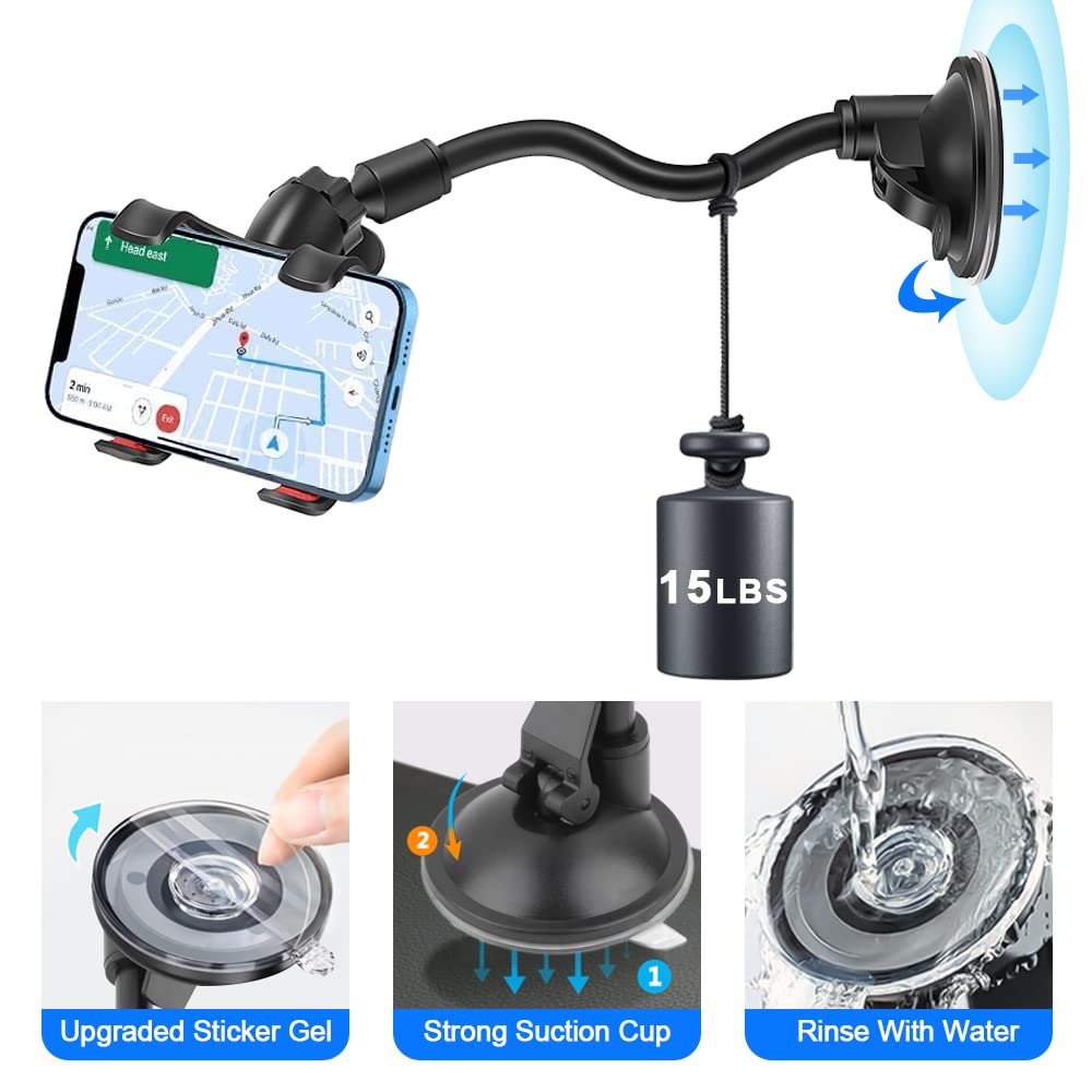 YZtree Phone Holders for Your Car: Windshield Phone Mount with Long Arm, 360° Rotation Strong Suction Cell Phone Car Mount, Anti-Shake Stabilizer