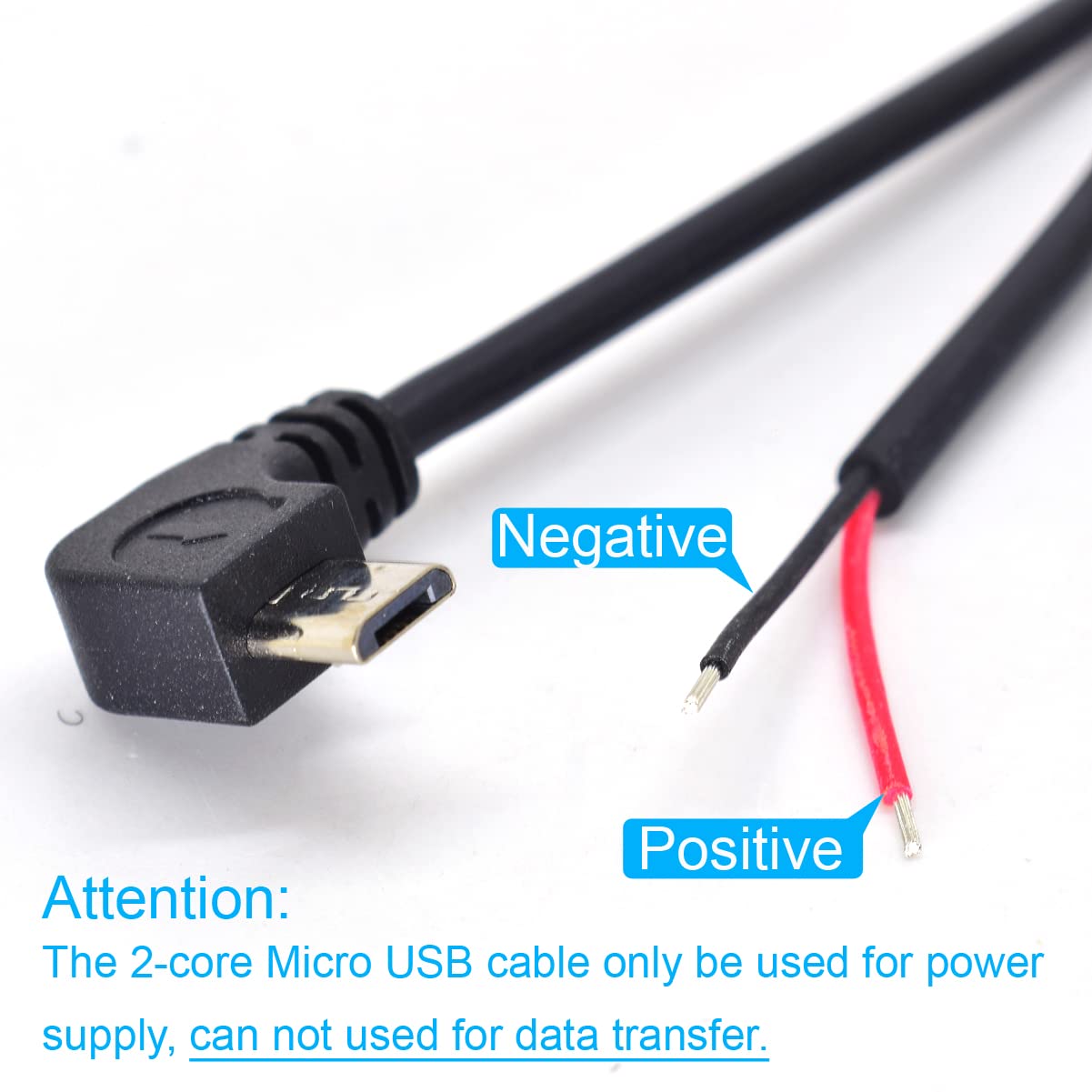 ELNONE 5PCS Angle 90D Micro 2 Wire Pigtail Cable - Micro USB Male to Open-end - 30cm/12inch - 22AWG - 5V 3A DIY Power Charge Cable with Quick Wire