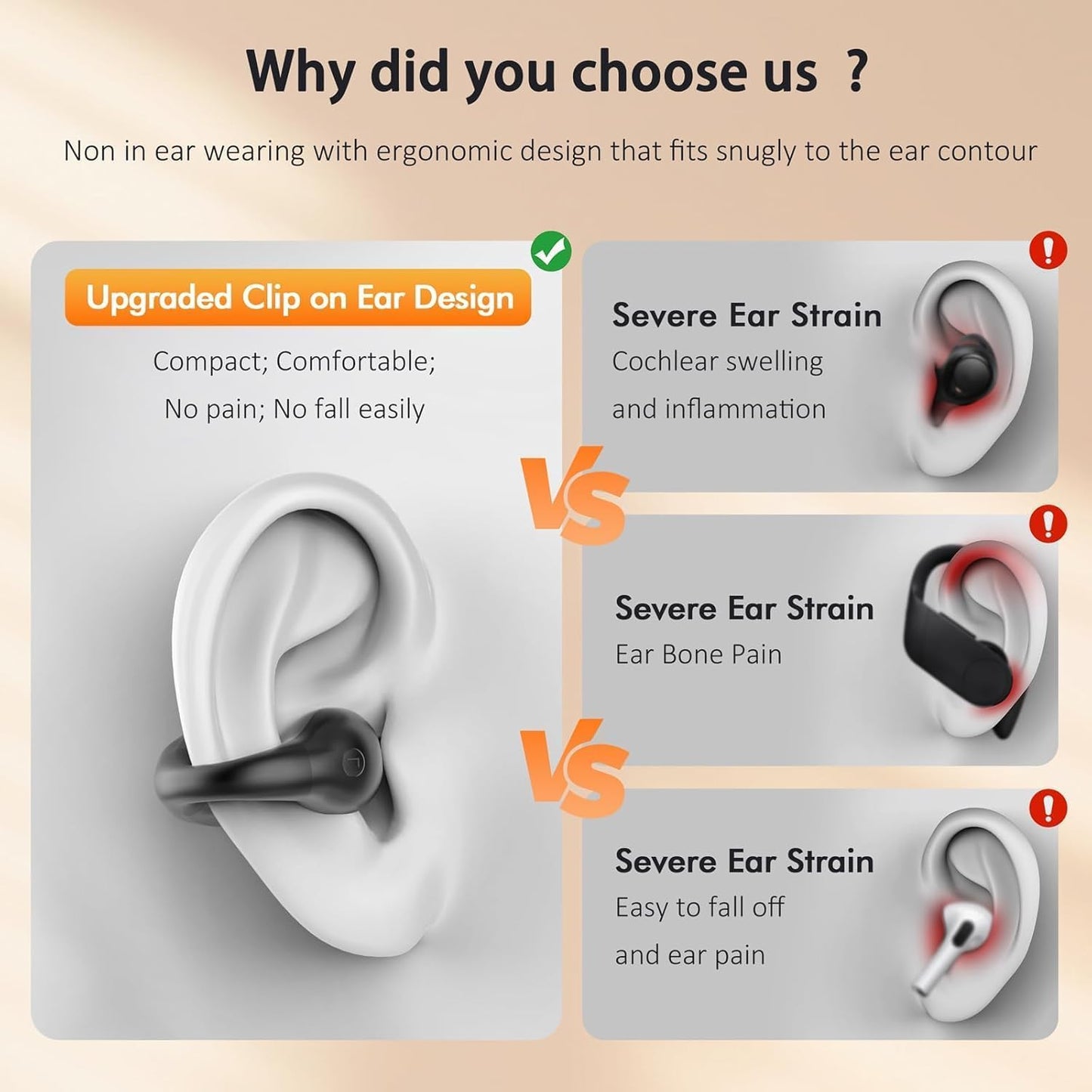 Paekole Clip On Headphones, Super Comfort Open Ear Bluetooth Earbuds for All Day Wear, Lightweight Bone Conduction Wireless Earbuds with Charging Case