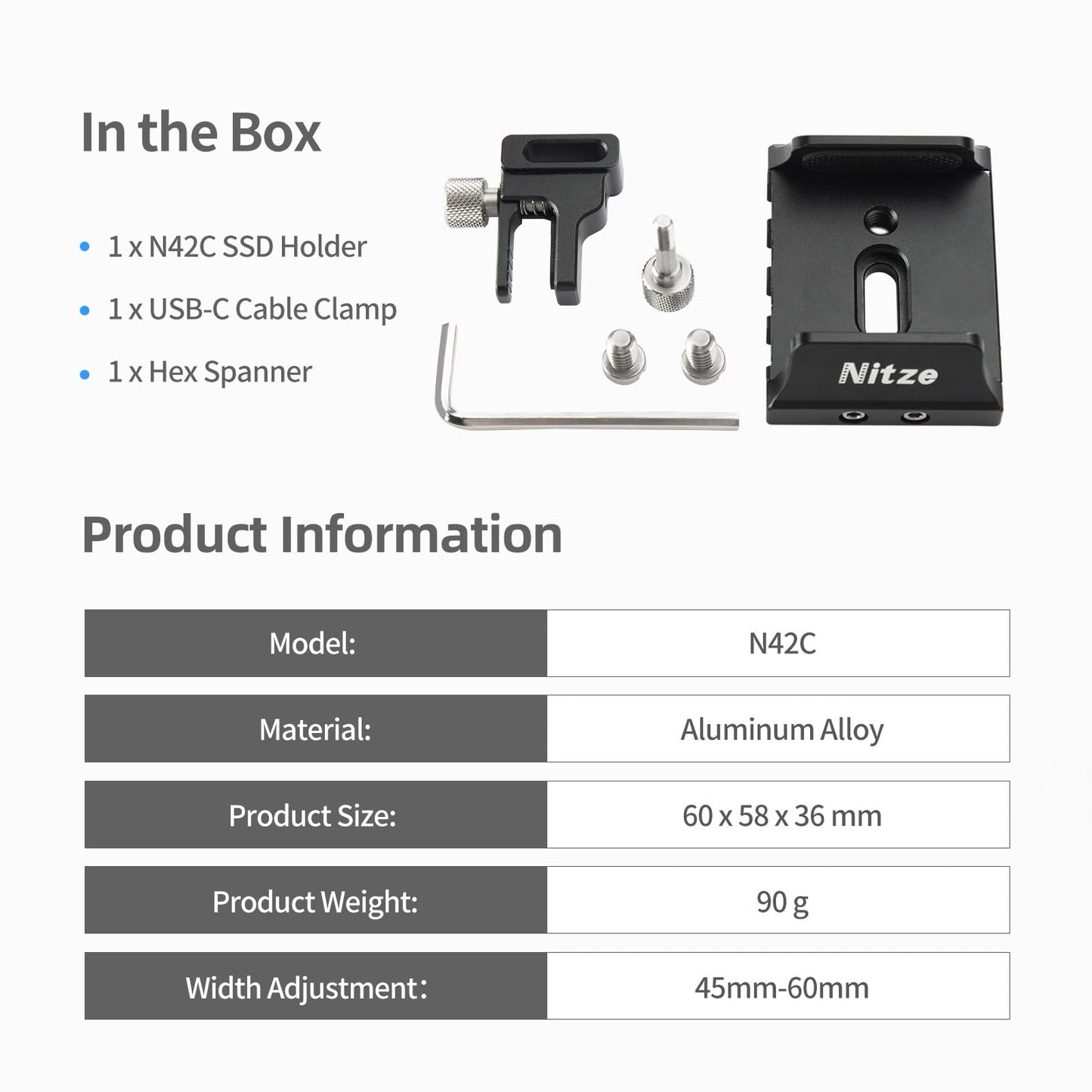 Nitze Universal SSD Mount for Samsung T5 / T7 / T7 Shield / T9 and SanDisk, with USB-C Cable Clamp, Compatible with 45 to 60mm Wide SSDs - N42C