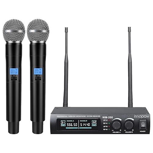 innopow Wireless Microphone System, Dual UHF Metal Cordless Mic Set, Long Distance 150-200Ft,16 Hours Continuous, Fixed Frequency, Use for Karaoke