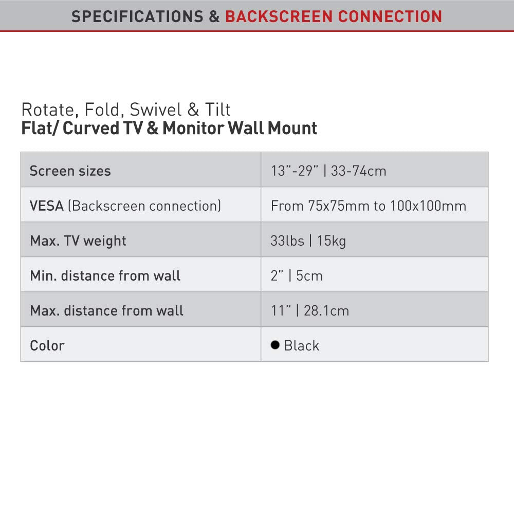 Barkan TV and Monitor Wall Mount, 13 - 29 inch Full Motion Articulating - 4 Movement Flat / Curved Screen Bracket, Holds up to 33 lbs, Lifetime