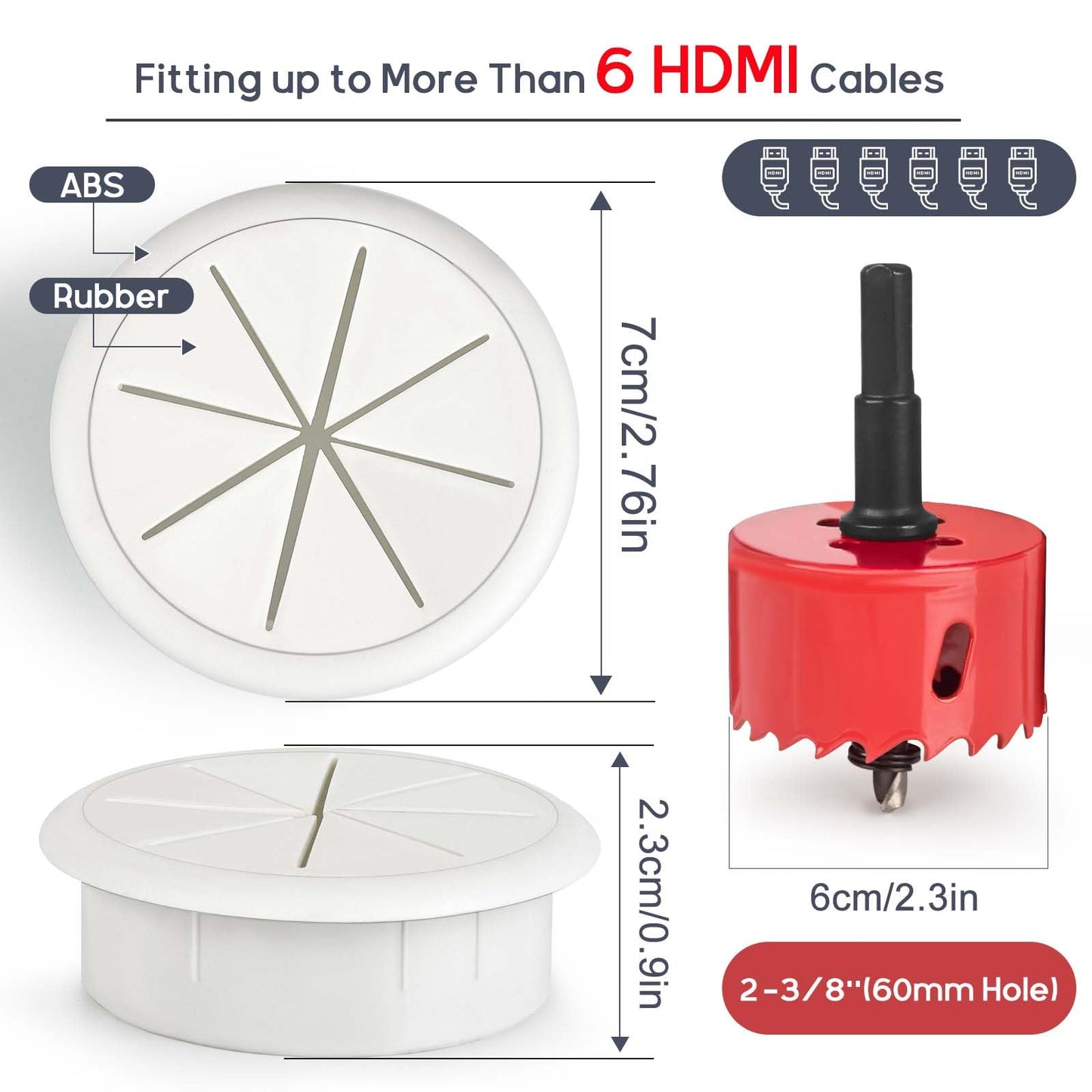 6Pcs TV Cord Hider for Wall Mounted TV 2.36in (60mm) TV Wire Hider Cable Grommet Cable Hole Cover with Hole Saw Drill Attachment, in Wall Cable