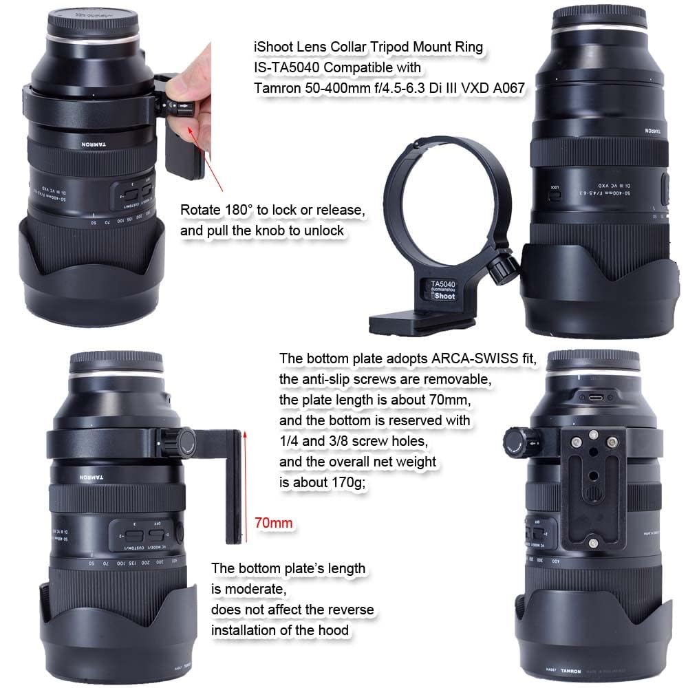 iShoot Metal Tripod Mount Ring Lens Collar Compatible with Tamron 50-400mm f/4.5-6.3 Di III VXD A067, Lens Support Holder Bracket Bottom is Arca-Swiss