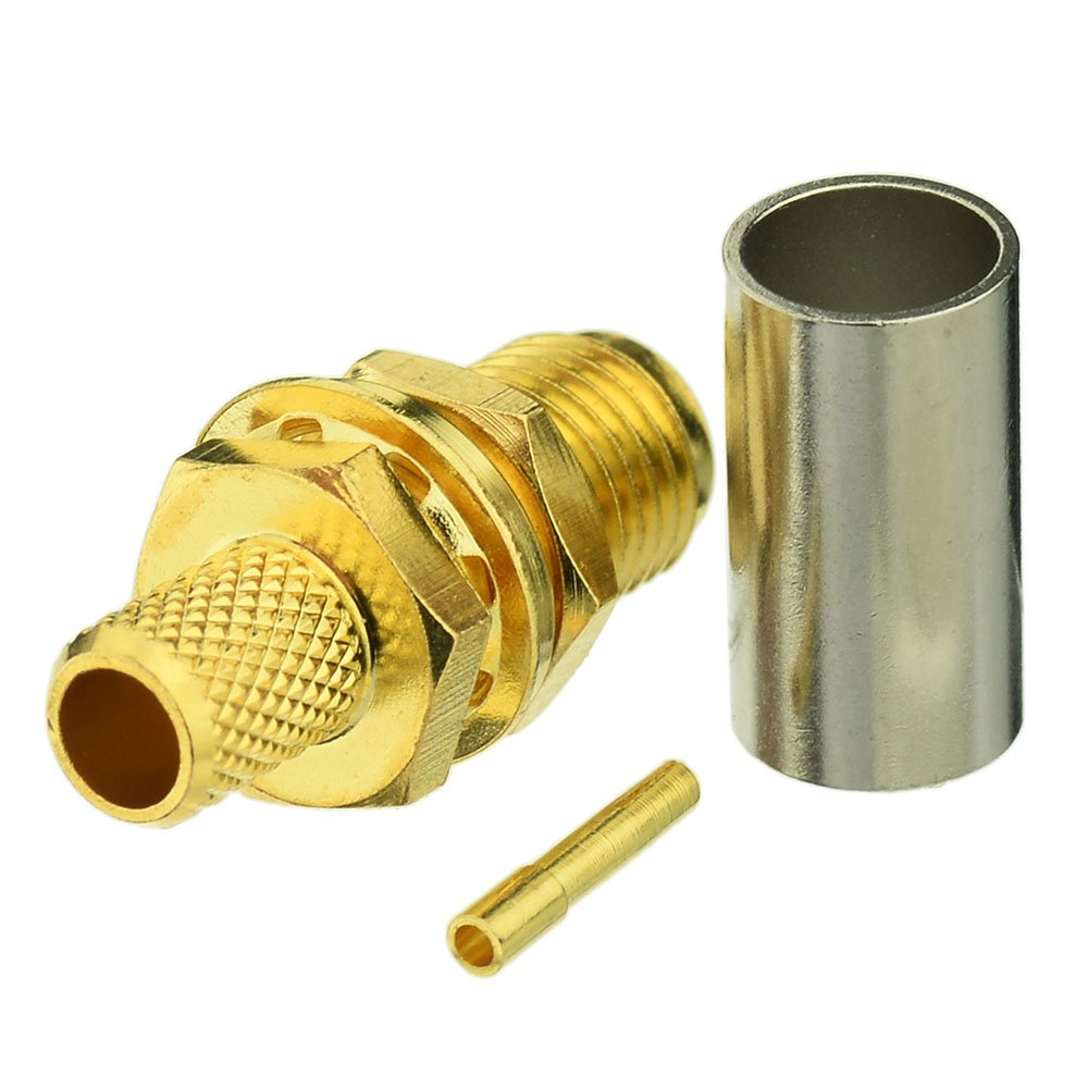 BINGFU SMA Female Bulkhead Mount Crimp Solder Attachment 50 Ohm Gold Plated Copper Connector (10-Pack) Compatible with RG58 RG303 RG141 RG142 RG400