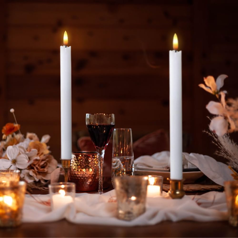 DRomance White Flameless Taper Candles Battery Operated with 6H Timer, Real Wax 3D Wick Flickering LED Taper Candles Dinner Wedding Holiday Decor(6