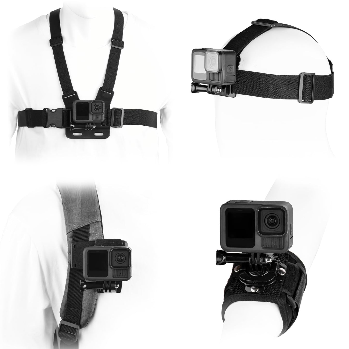 BRDRC Accessories Kit for GoPro, Head Chest Mount Strap Harness Backpack Clip Holder Wrist Strap, 360°Rotating Adapter + Quick Release for DJI Action