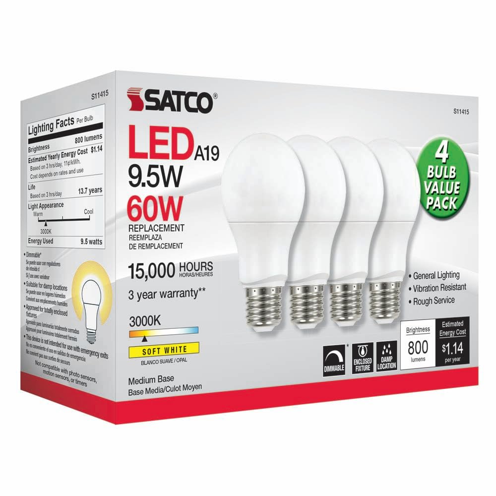 Satco 4.17 Inch 9.5W A19 LED Medium Base Replacement Lamp (Pack of 4)-3000 Color Temperature-Frosted Finish
