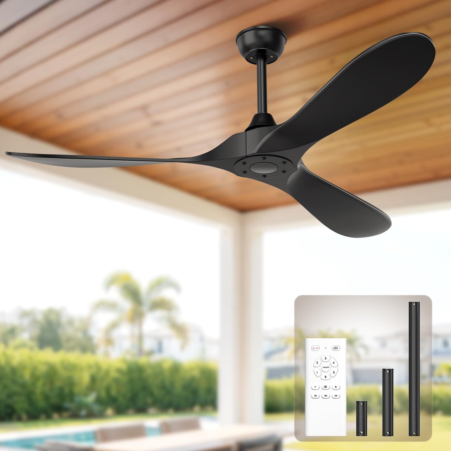 Obabala Black Outdoor Ceiling Fan, 52 in Ceiling Fans No Light with Remote Control, 3 Blades, 6 Speed Reversible DC Motor Modern for Patios, Living