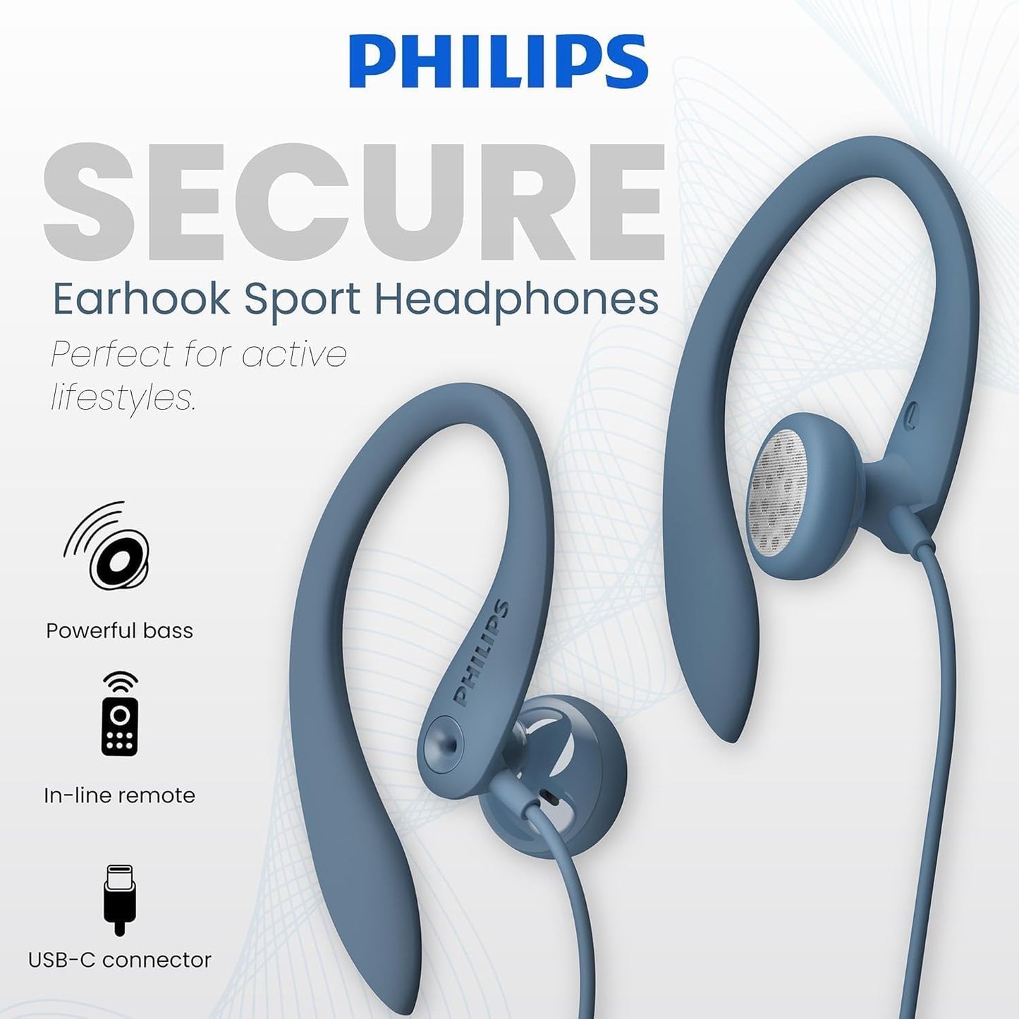 Philips USB-C Wired Earbuds with Microphone, Secure Fit Over-Ear Sport Earhooks, Deep Bass 15mm Drivers, in-Line Controls, Plug-and-Play USB-C