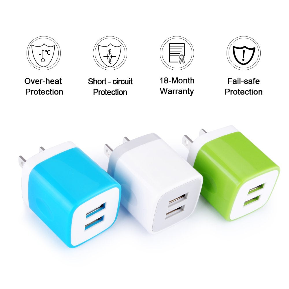 Wall Charger, Sicodo 3-Pack Dual Port USB Home Travel Wall Charger Plug Compatible with iPhone 17,16,15,14,13, SE,12, 11Pro Max, Plus, Mini, Samsung
