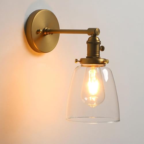 Phansthy Industrial Wall Sconce Antique Brass Vanity Light, Wall Lighting Fixture with 5.5 Inches Clear Glass Shade for Bedroom Mirror Living Room