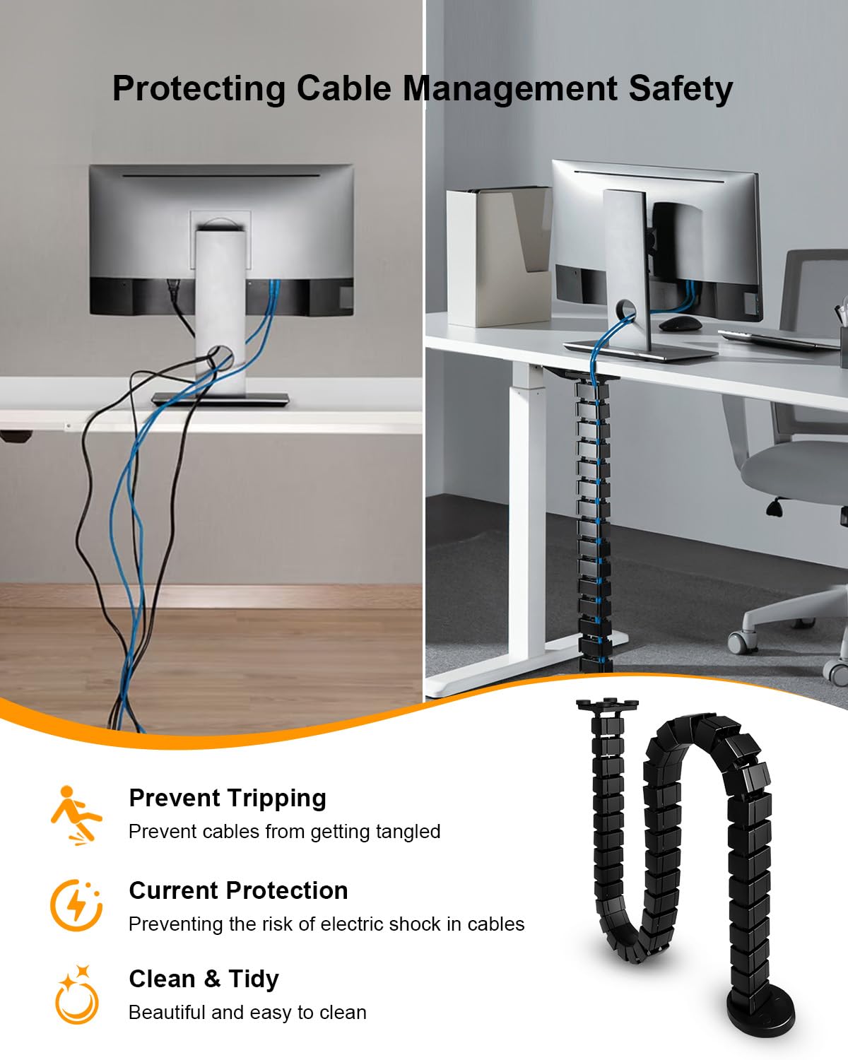 Under Desk Cable Management Vertebrae Fit for Sit Stand Desk Management, Magnetic Fixation Adjustable Length Cable Management Spinal, Flexible Chain