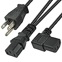 Conntek 6FT+3FT Power Cord Splitter, NEMA 5-15P to Dual IEC C13 (Left-Angle), 10A 125V, AC Power Extension Cable for PDU, UPS, Server, Computer,