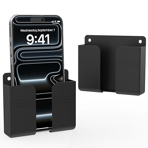 HZZADZXW Wall Mounted Phone Holder with Adhesive, No-Drill Phone Stand for Charging, Built-in Cable Slot, Phone Holder for Bathroom, Bedroom, Kitchen