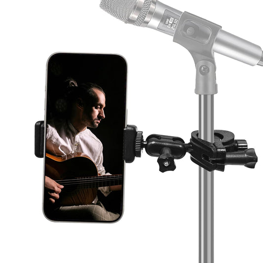 Mic Stand Phone Holder Mount Adjustable Phone Holder for Mic Microphone Music Stand [Dual Ballhead 360°Swivel] iPhone Mic Stand Holder for iPhone 15