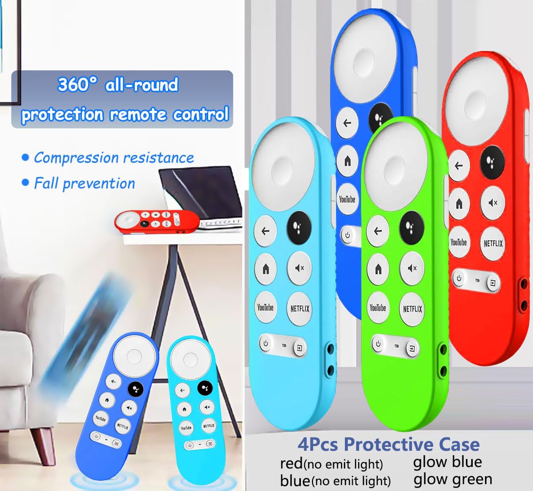 4Pcs Remote Case Cover for Chromecast with Google TV 2020/ HD 2022 Remote, Glow Blue+Glow Green+Red(NO emit Light)+Dark Blue(NO emit Light),with 4