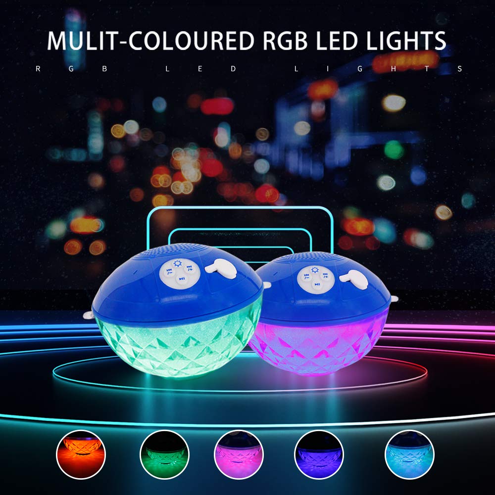Blufree Bluetooth Pool Speaker with Colorful Light, Portable Floating Pool Speaker IP68 Waterproof,Built-in Mic, Floatable Crystal Clear Sound