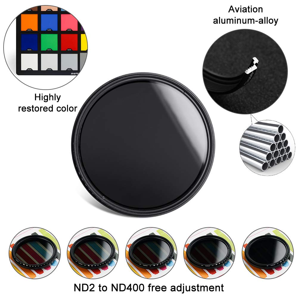 62mm ND Filter Slim Variable ND Neutral Density Filter Adjustable ND Fader ND2-ND400 Lens Filter for Canon Nikon Sony Pentax Olympus Fuji DSLR Camera
