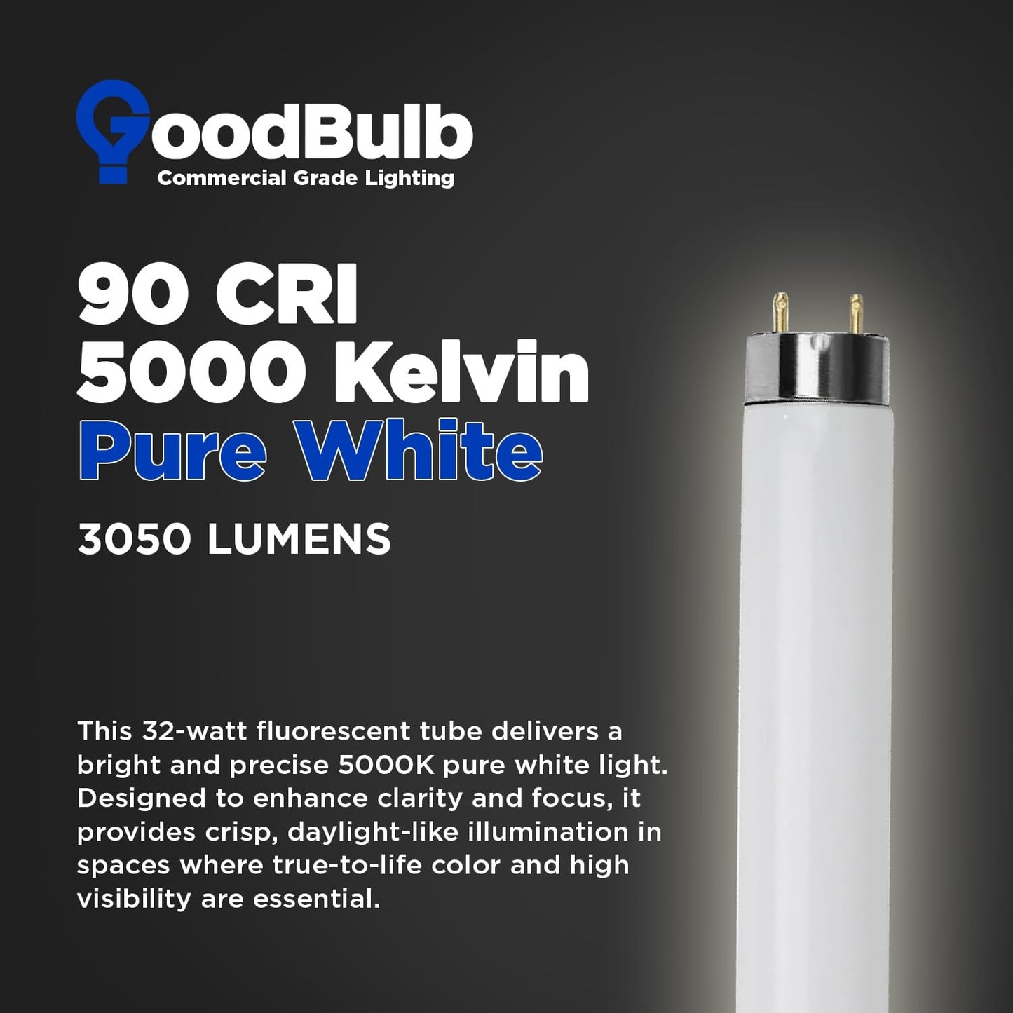 GoodBulb 32-Watt 48 Inch T8 Fluorescent Light Bulb 5000K Daylight White Light Color Medium Bi-Pin Base 3050 Lumens 86 CRI 24000 Life Hours