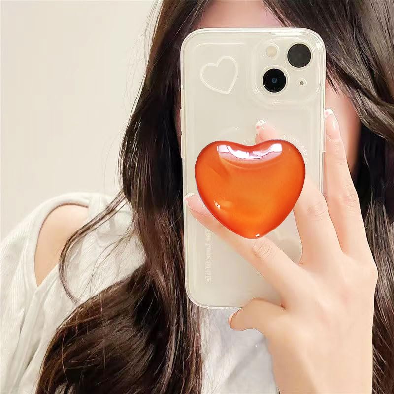 Cute Orange Heart Phone Grip - Large 3D Collapsible Crystal Phone Holder & Stand for Kindle, iPhone 17 16 15 14 13 Pro Max, iPad, Tablet | Phone