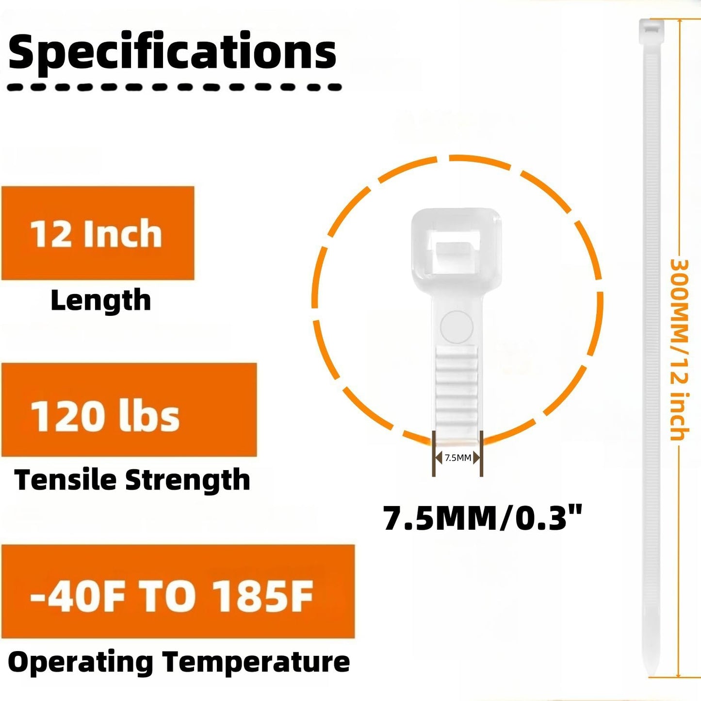 SHEEP&SHEEP White Zip Ties 12 Inch(100 Pieces), Heavy Duty Self-Locking Nylon Cable Ties, 120LBS Tensile Strength, Ideal for Indoor & Outdoor Use