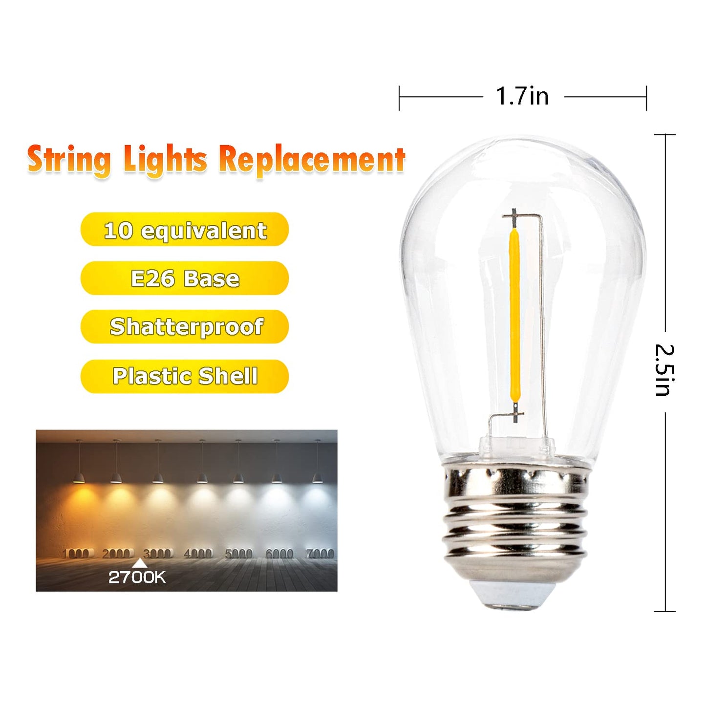 Leadleds 15 Pack S14 LED String Light Bulbs 11W Equivalent, 2700K E26 Base
