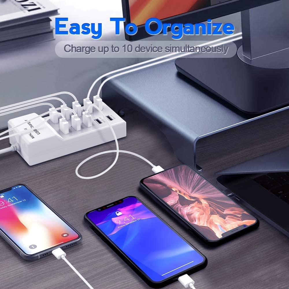 USB Charging Stations 50w10A 10 Ports Multiple Charging Block/Power USB Strip for iPhone Android Smartphone Tablet Smart Watch AirPods Samsung