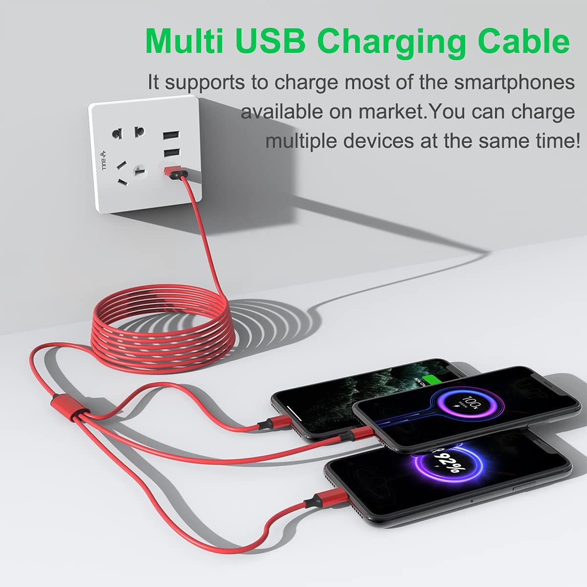 Multi 3 in 1 USB Long iPhone Charging Cable, 1.8M/5.9Ft Nylon Braided Universal Phone Charger Cord USB C/Micro USB/Lightning Connector Adapter