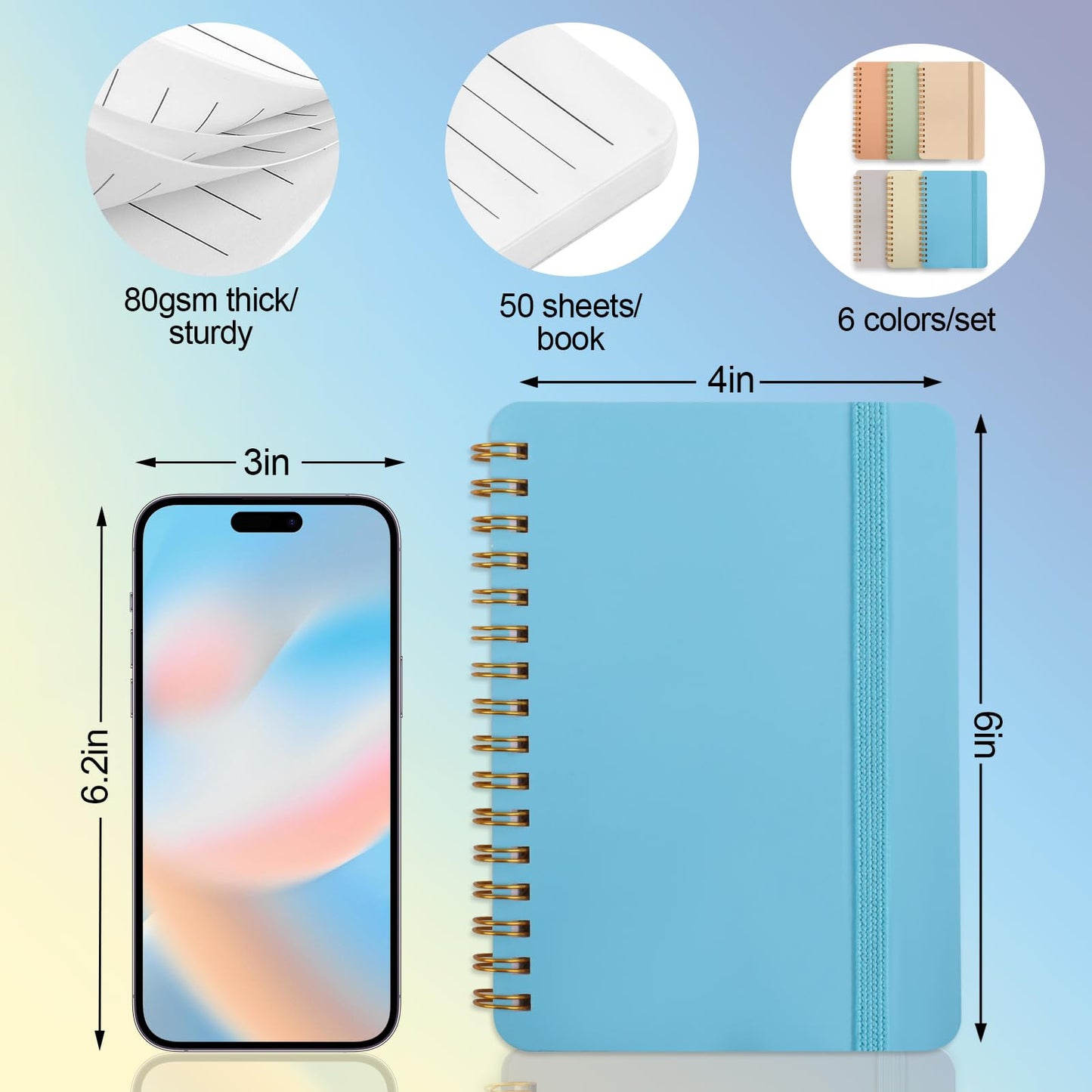Azureal 6 PCS Small Spiral Notebook 4x6, Notebooks for Note Taking, Scheme Spiral Journal Notebook, Work Notebook Small Notebooks with Strap, Cute