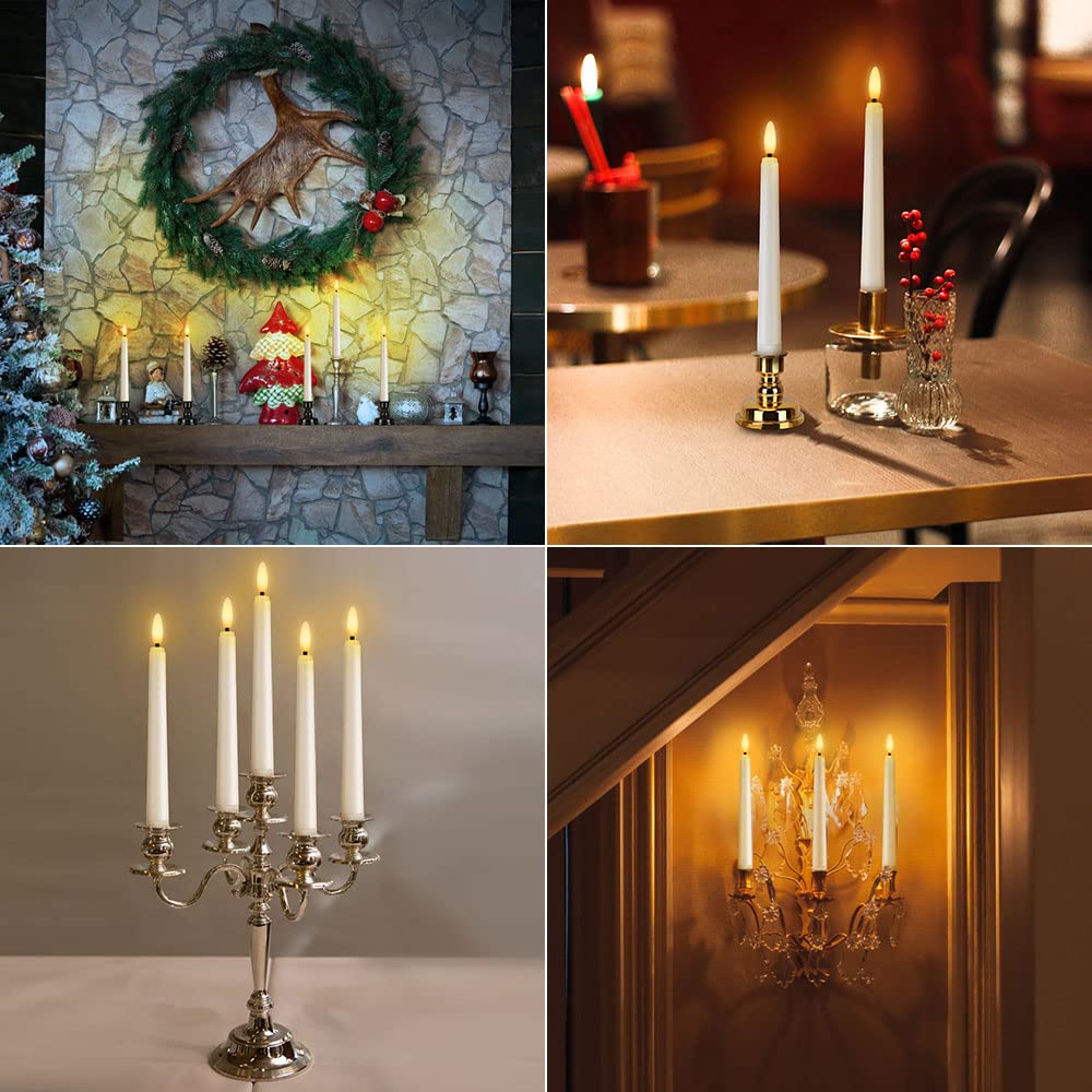 FREEPOWER 6PCS Flameless Window Candles with Gold Candle Holders, Battery Operated White Taper Candle with 4H/6H Daily Timer, Special Flickering