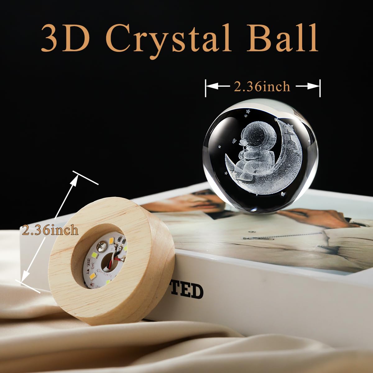 YANFEYHA 3D Moon Crystal Ball Lamp with Dimmable LED and Wooden Base, Night Light for Kids Teens Adults, Home Desk Office Bedroom Decor, Birthday Gift