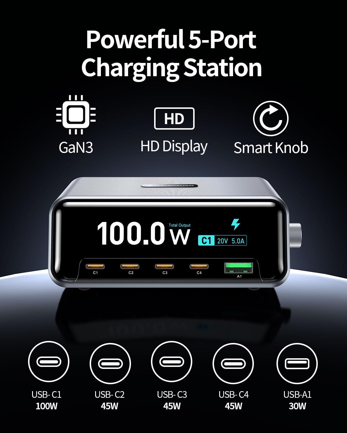 100W 5-Port GaN USB C Charging Station with LCD Smart Display & Control Knob, Desktop Fast Charger for Multiple Devices, Compatible with MacBook