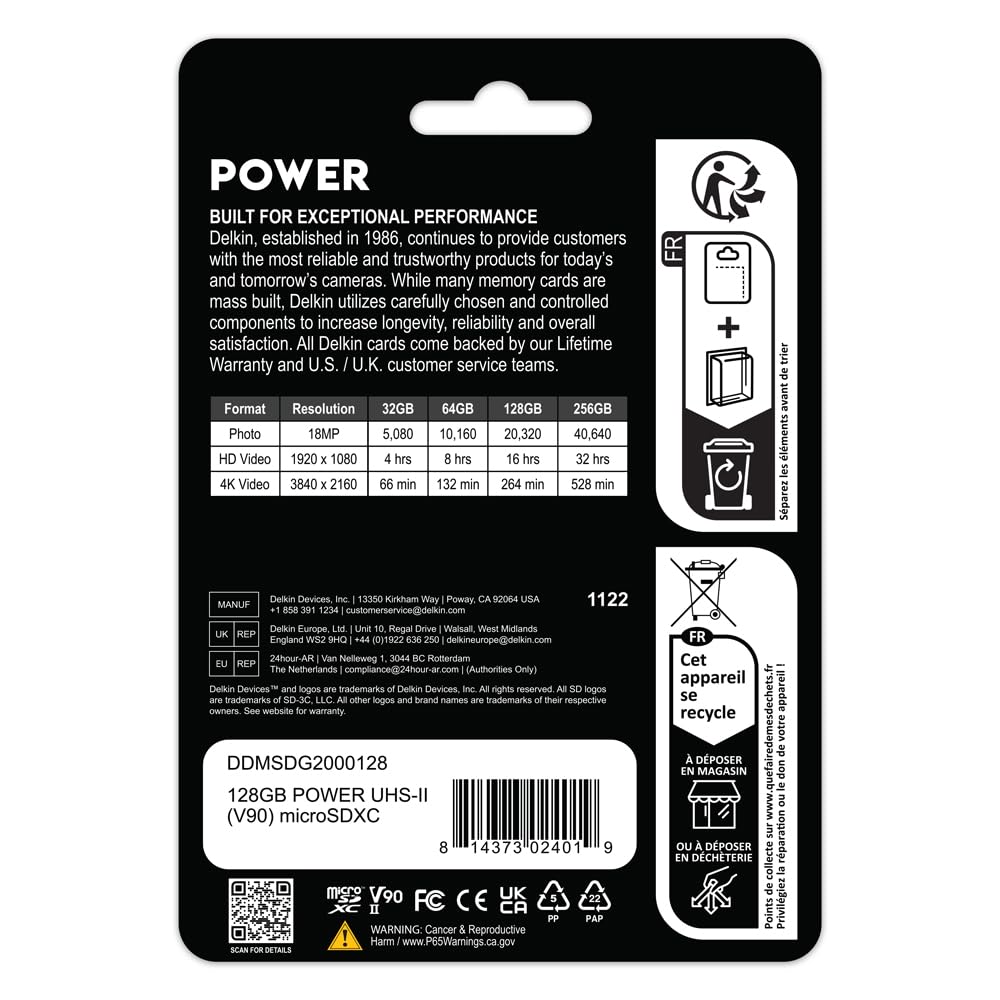 Delkin Devices 128GB Power Micro SD Card UHS-II (U3/V90) - 300MB/s Read, 250MB/s Write, 8K, 4K, 3D, HDR, 360º Recording | Micro SD Card 128GB with SD