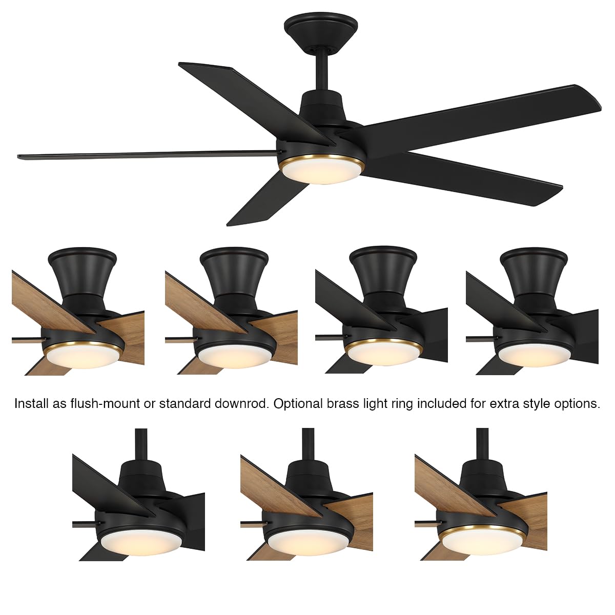 Kathy Ireland Home Lunar 52" Indoor Ceiling Fan with Light, Matte Black Modern Ceiling Fan, DC Motor, 6-Speed Remote Control, Dual Mount Flush or