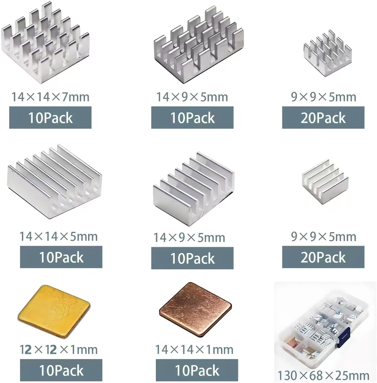 Pastall 100 PCS (8 Different Sizes) Heatsink Kit with Conductive Adhesive Tape, Aluminum Heat Sinks Cooler and Copper Heat Sink for Raspberry Pi A B
