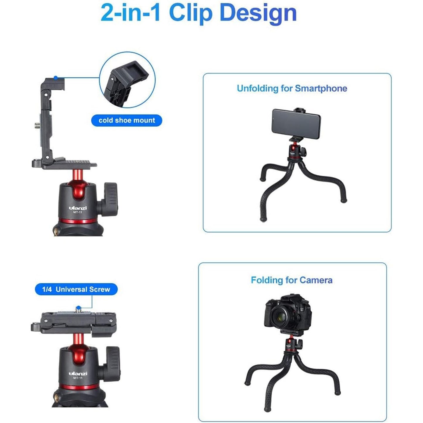 ULANZI Camera Tripod, Mini Flexible Stand w Hidden Phone Holder w Cold Shoe Mount, 1/4'' Screw f Magic Arm, Universal f iPhone 17 16 15 14 Pro Max XS