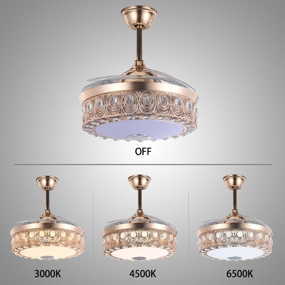 A Million Modern Fandelier Ceiling Fan with Light and Remote, 42”Gold Retractable Chandelier Ceiling Fans with Bluetooth Speaker 3 Speeds RGB LED