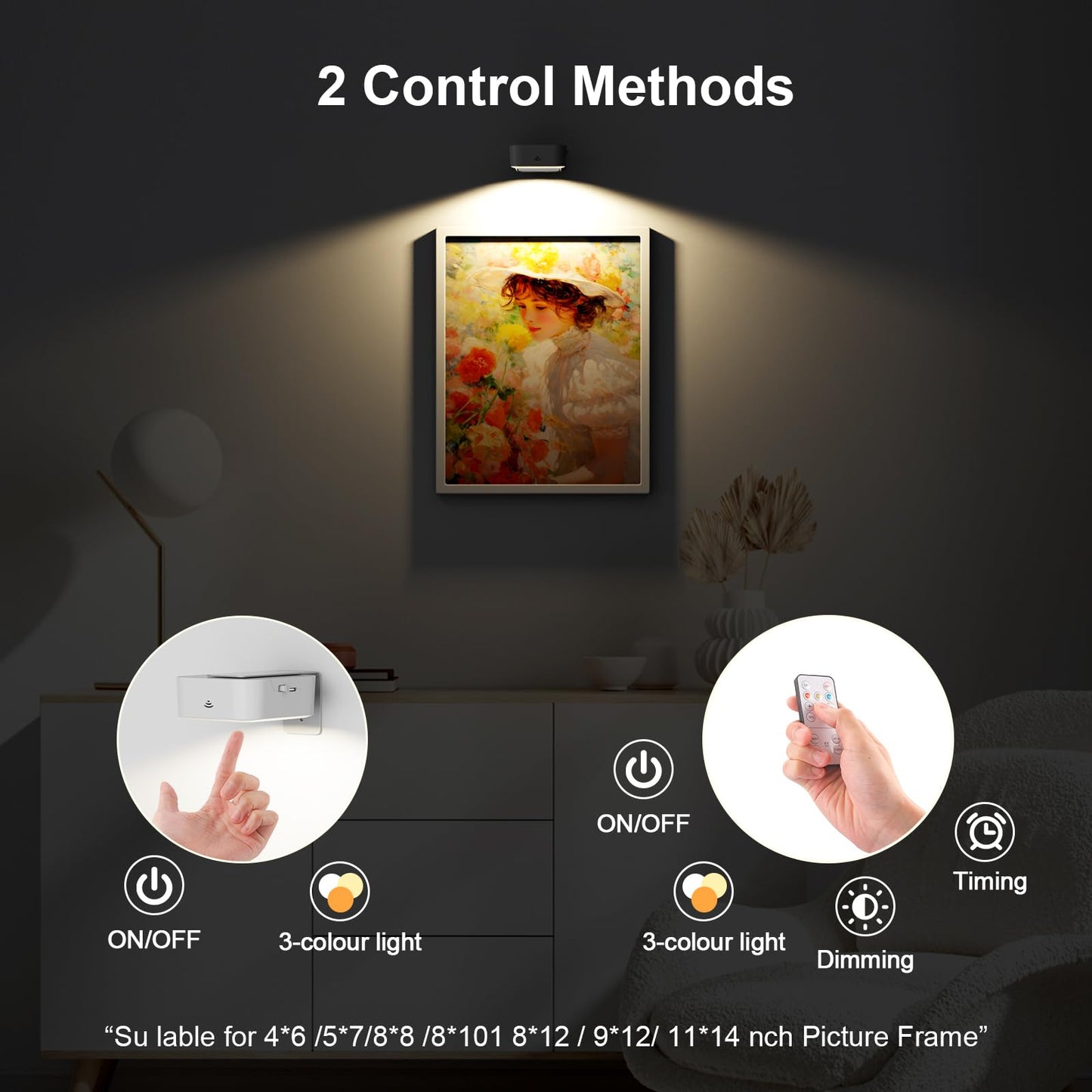 3 Pack Picture Lights for Wall, Rechargeable Battery Operated Wall Lights, Picture Frame Lights with 3 Lighting Modes, Wireless Magnetic Painting