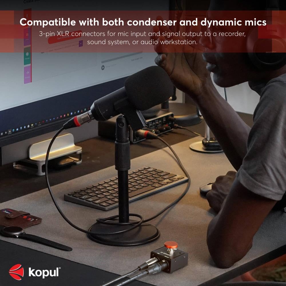 KOPUL Momentary Microphone Mute/Talk Button - Push-to-Talk or Push-to-Mute, LED Indicator,XLR in/Out, Desktop or Footswitch Use, for Dynamic &