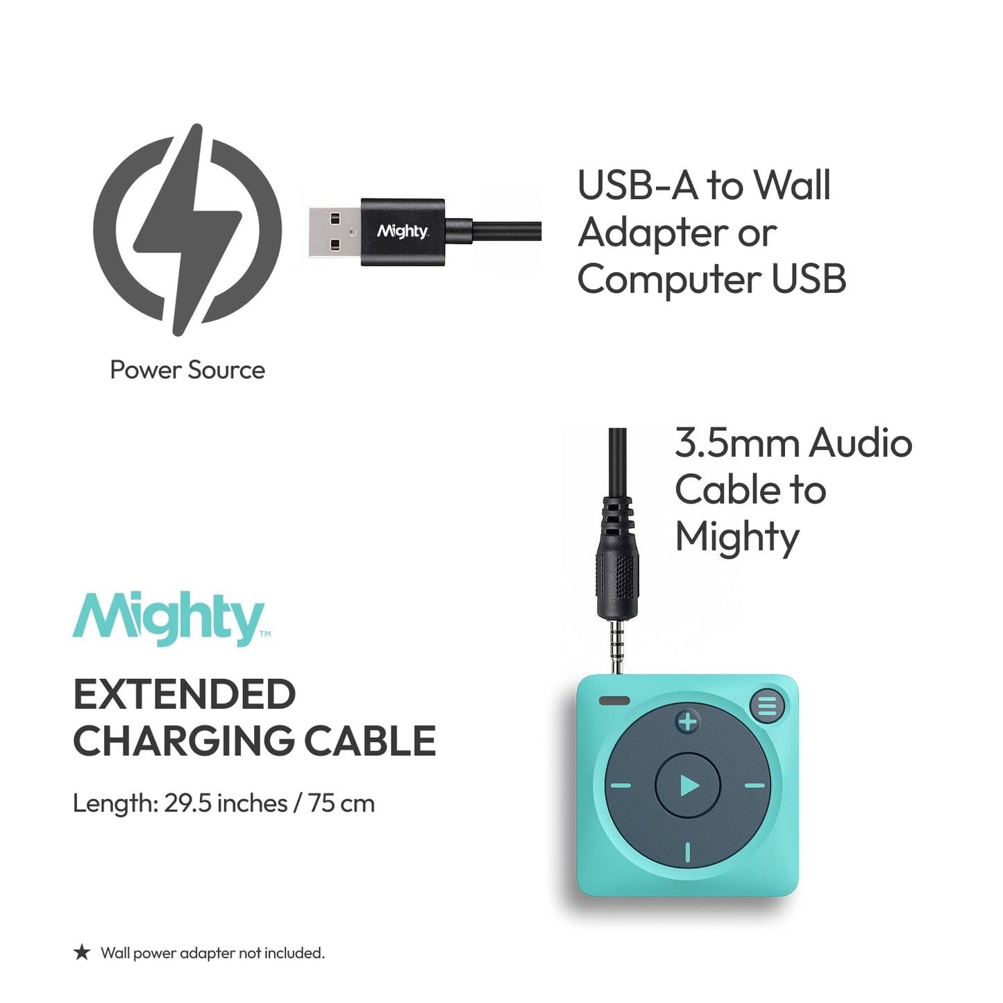 Mighty Type-A Charging Cable - The Official Charging Cable, USB Type-A to 3.5mm Headphone Jack (Extended Length - 29.5" (75 CM)