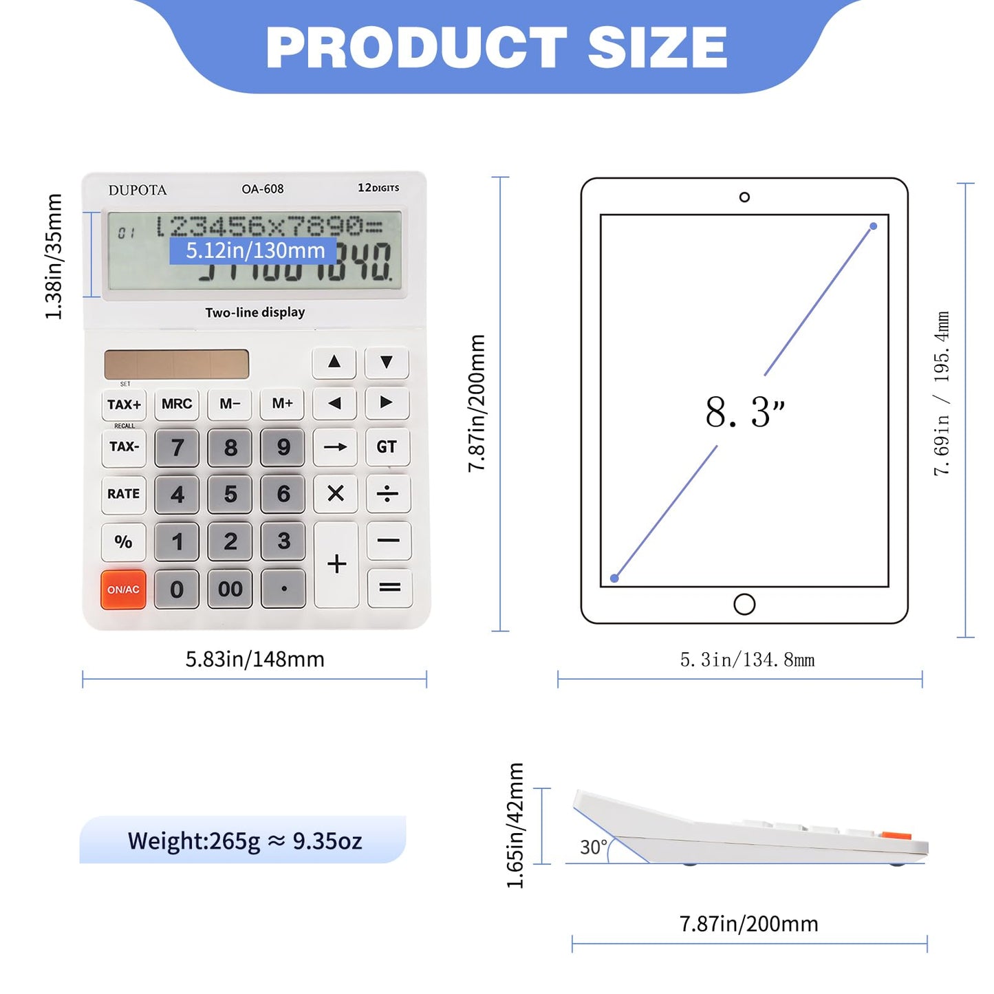Desktop Calculator Large Display Big Buttons with 12 Digits 2-line LCD, Dual Solar Power and Battery, Calculator with Tax and Check Function